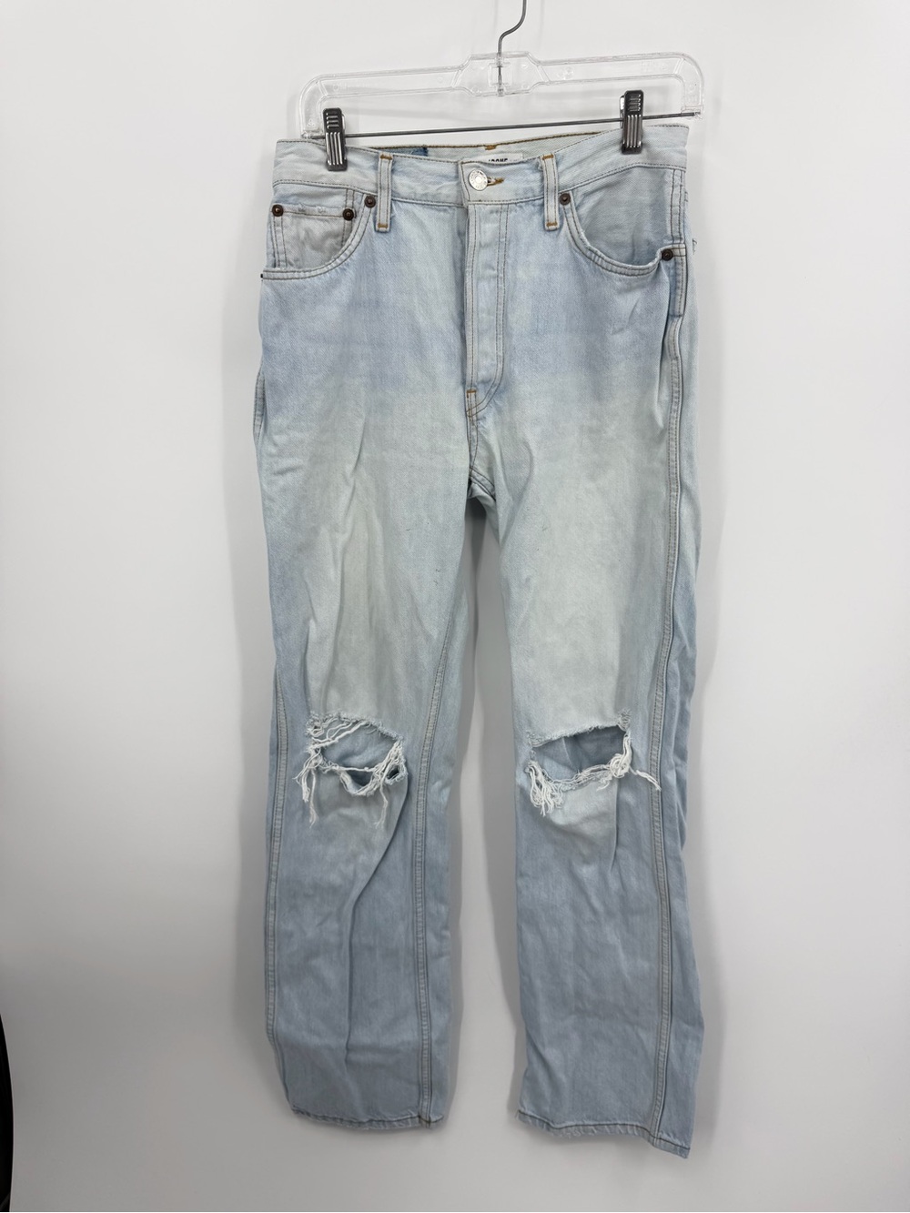 RE/DONE 90s High Rise Loose Jeans in Bleach Destroyed sz 27 knee holes